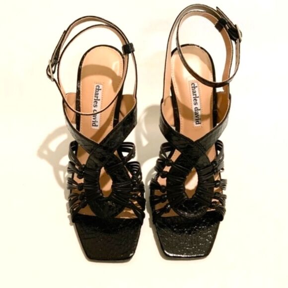 Charles David Vibrant Square Toe Ankle Strap Black Leather Stiletto Heel Size 8 - Picture 4 of 9